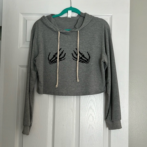 Gray Skeleton Hands Crop Hoodie - Picture 1 of 3